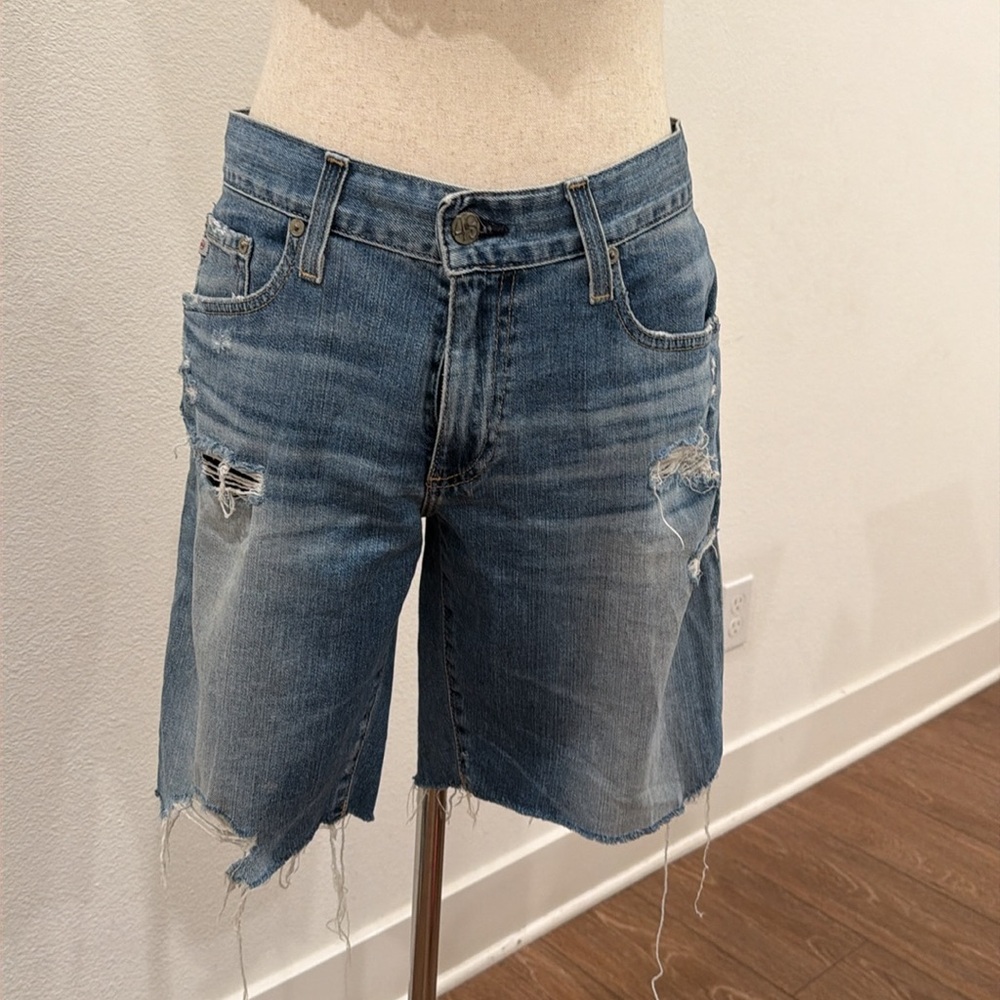 AG Adriano Goldschmied Distressed Mid-Blue Denim Bermuda Shorts
